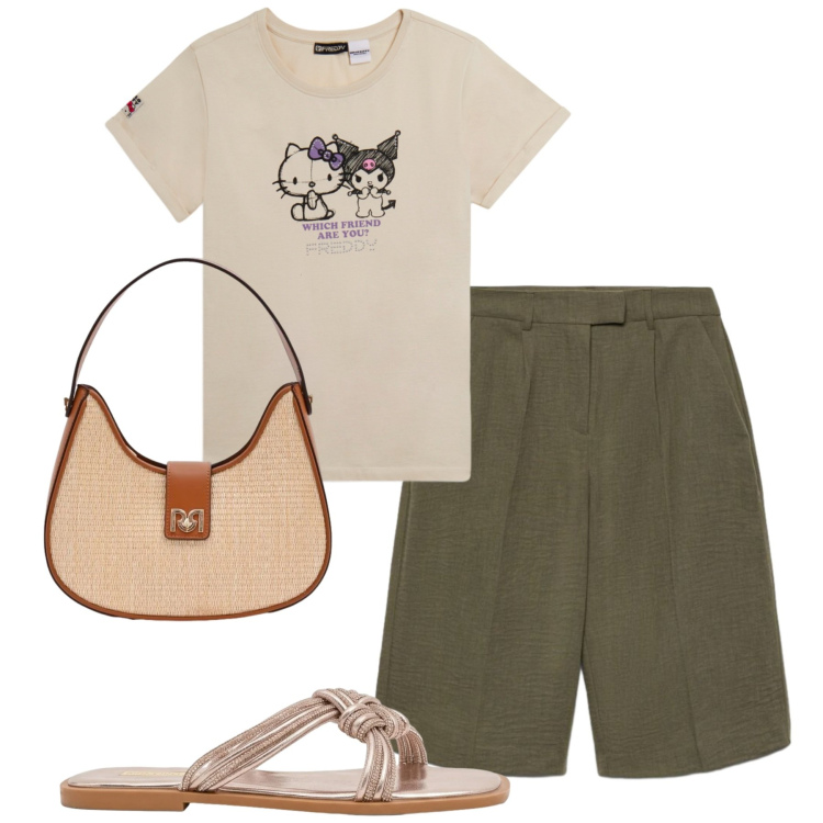 Outfit donna - Total look #2426951. Stile Casual chic per Tutti i giorni. Abbinamento con bermuda, sandali, borse a spalla, t-shirt.