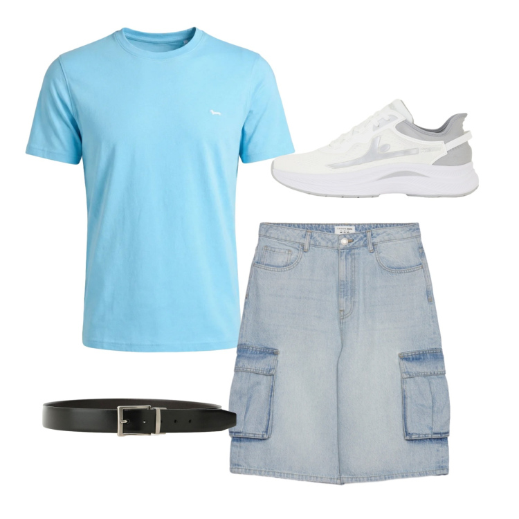 Outfit uomo - Azzurro in movimento. Stile Casual per Mare. Abbinamento con t-shirt, pantaloni corti, sneakers, cinture.