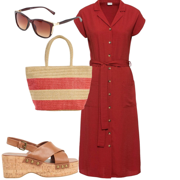 Outfit donna - City. Stile Urban per Tutti i giorni. Abbinamento con shopping bag, zeppe, occhiali da sole, vestiti chemisier.