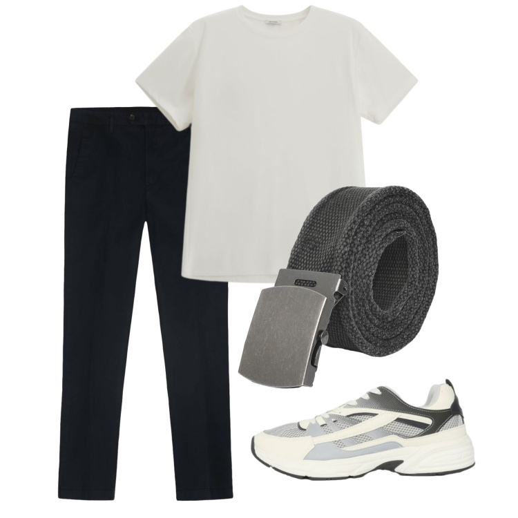 Outfit uomo - Giugno. Stile Casual per Serata speciale. Abbinamento con sneakers, cinture, t-shirt, pantaloni.