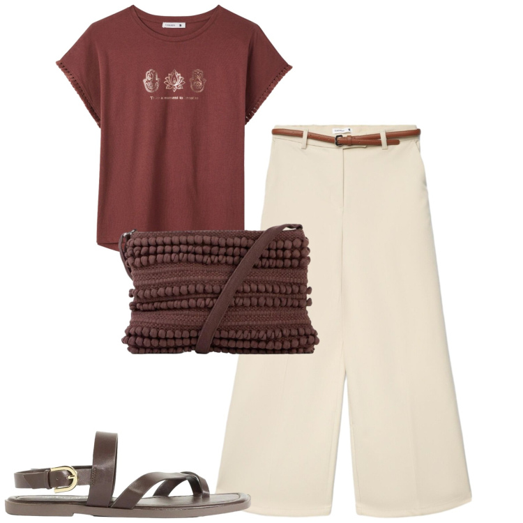Outfit donna - Total look #2426958. Stile Casual chic per Tutti i giorni. Abbinamento con sandali, borse a tracolla, t-shirt, pantaloni.