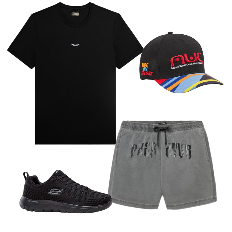 Outfit uomo - Total Black, Zero Compromessi. Stile Urban per Tutti i giorni. Abbinamento con sneakers, cappelli con visiera, bermuda, t-shirt.