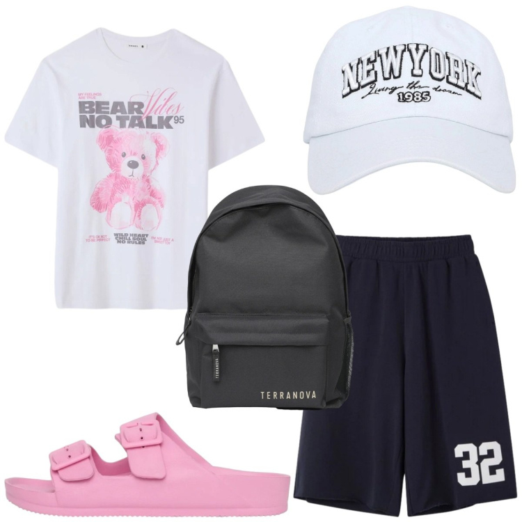Outfit donna - Sport. Stile Trendy per Sport. Abbinamento con t-shirt, ciabatte, cappelli, zaini, bermuda.