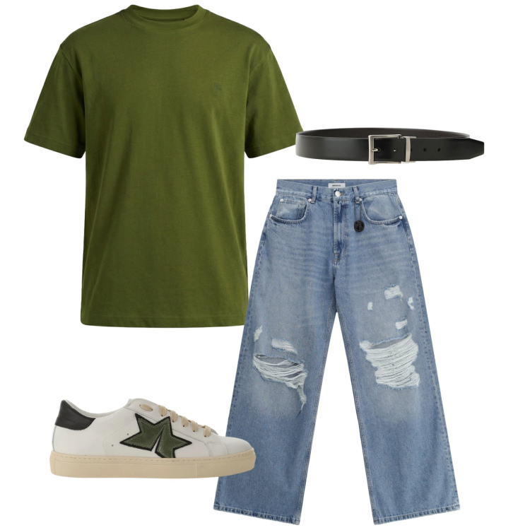 Outfit uomo - Denim & Green Mood. Stile Casual per Ufficio. Abbinamento con t-shirt, jeans strappati, sneakers, cinture.