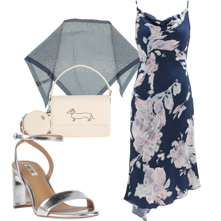 Outfit donna - Eleganza curvy per le sere di giugno - F. Stile Chic per Serata fuori. Abbinamento con sandali in pelle, stole, borse a tracolla, vestiti asimmetrici.