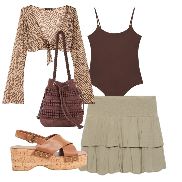 Outfit donna - Estate in stile naturale - Focus Donna C. Stile Chic per Tutti i giorni. Abbinamento con zeppe, borse a secchiello, minigonne, blazer, top.