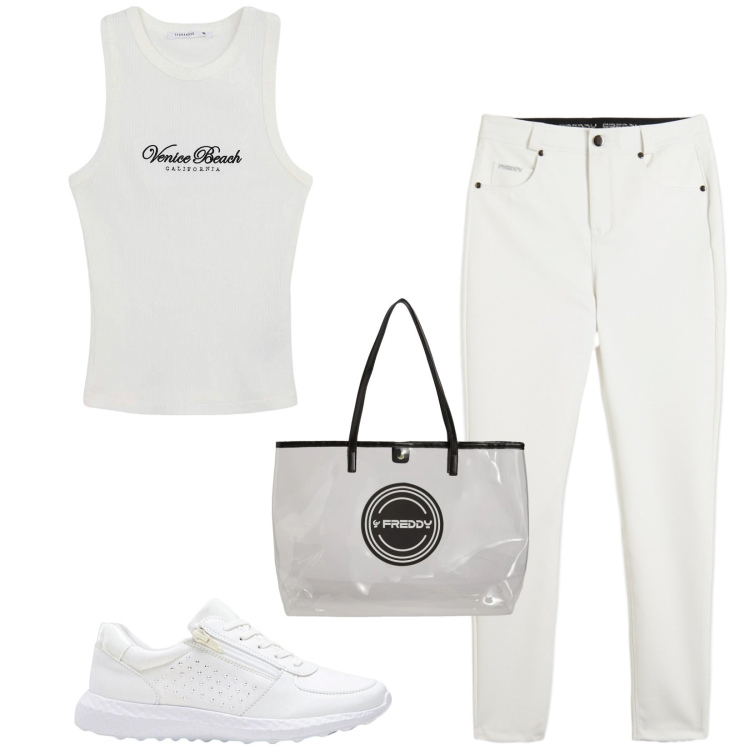 Outfit donna - Comoda in città. Stile Casual chic per Tutti i giorni. Abbinamento con sneakers, canottiere, shopping bag, pantaloni skinny.