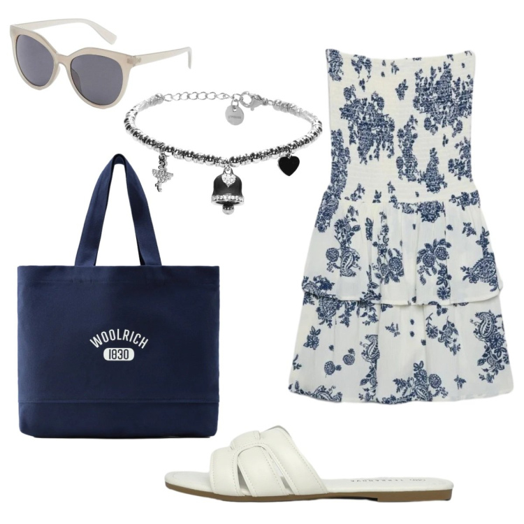 Outfit donna - Gita fuori porta. Stile Casual per Tutti i giorni. Abbinamento con occhiali da sole, vestiti corti, ciabatte, braccialetti, borse tote.