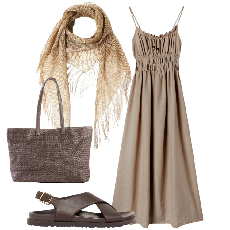 Outfit donna - Estate in stile naturale - Focus Donna C. Stile Bon Ton per Tutti i giorni. Abbinamento con sandali in pelle, shopping bag, vestiti lunghi, canottiere.