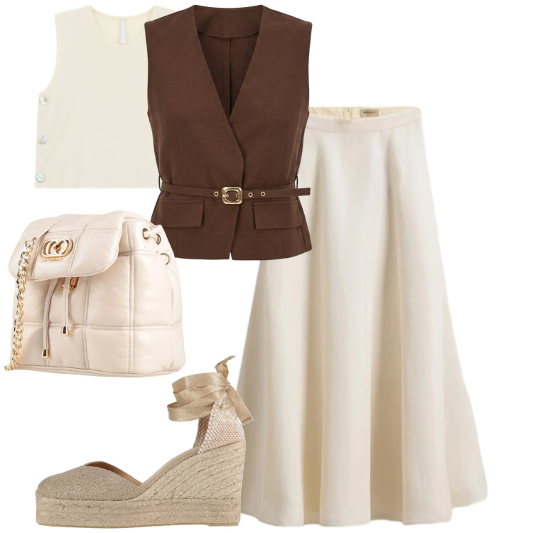 Outfit donna - City. Stile Urban per Tutti i giorni. Abbinamento con espadrillas, valigie, gilet, top, gonne lunghe.