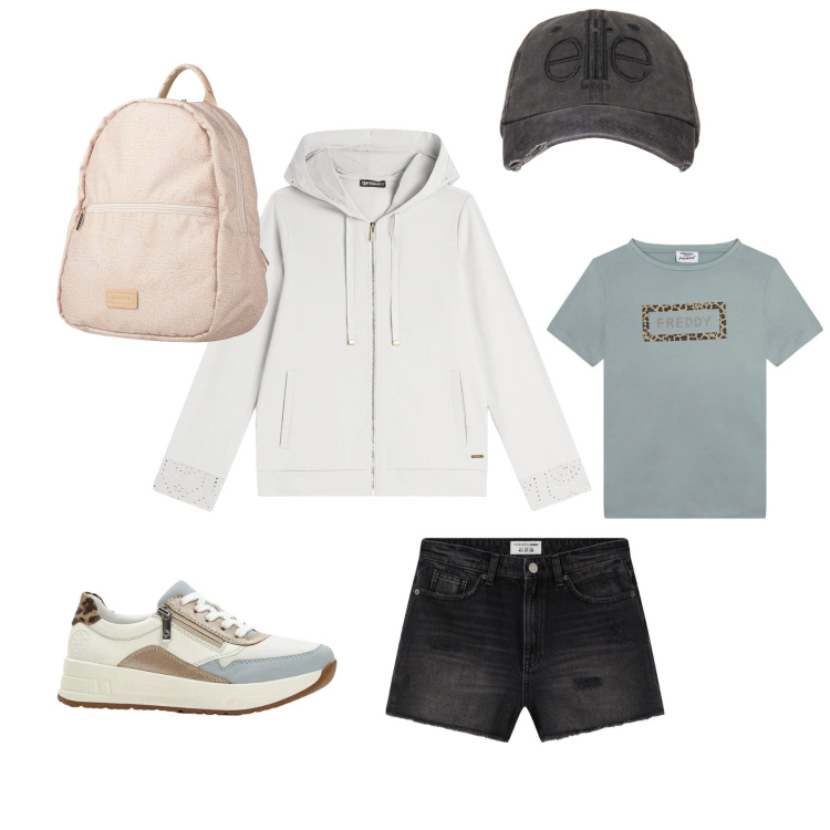 Outfit donna - Sport e tempo libero. Stile Urban per Tutti i giorni. Abbinamento con zaini, sneakers, shorts, felpe con cappuccio, cappelli, t-shirt.