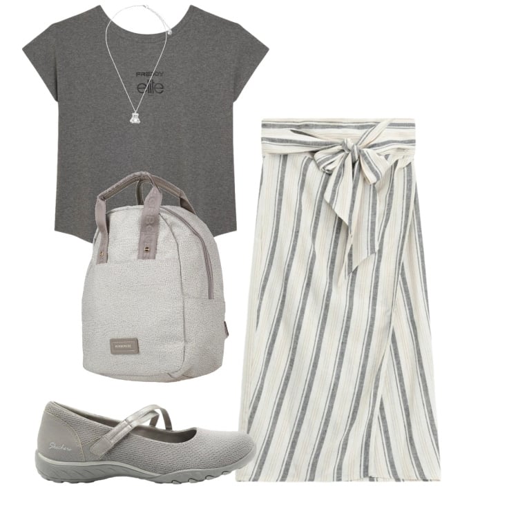 Outfit donna - Estate in stile naturale - Focus Donna C. Stile Bon Ton per Tutti i giorni. Abbinamento con zaini, ballerine, gonne longuette, t-shirt, ciondoli.
