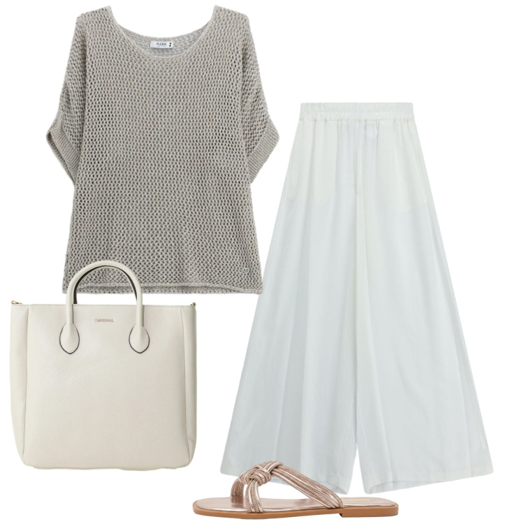 Outfit donna - Estate in stile naturale - Focus Donna C. Stile Bon Ton per Tutti i giorni. Abbinamento con top, sandali, borse a tracolla, pantaloni.