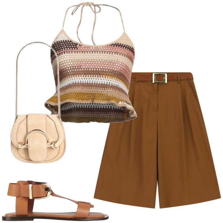 Outfit donna - City. Stile Casual chic per Tutti i giorni. Abbinamento con marsupi, top, sandali alla schiava, bermuda.