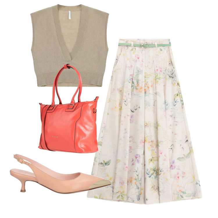 Outfit donna - Estate in stile naturale - Focus Donna C. Stile Chic per Ufficio. Abbinamento con décolleté, zaini, pantaloni a palazzo, top.
