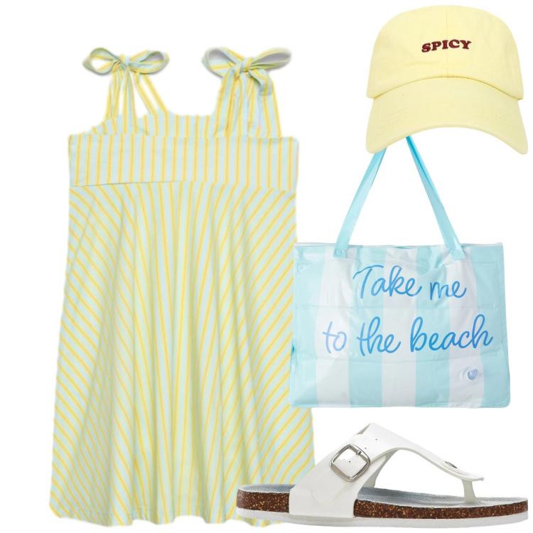Outfit donna - Al mare. Stile Casual per Mare. Abbinamento con infradito, vestiti corti, borse tote, cappelli con visiera.
