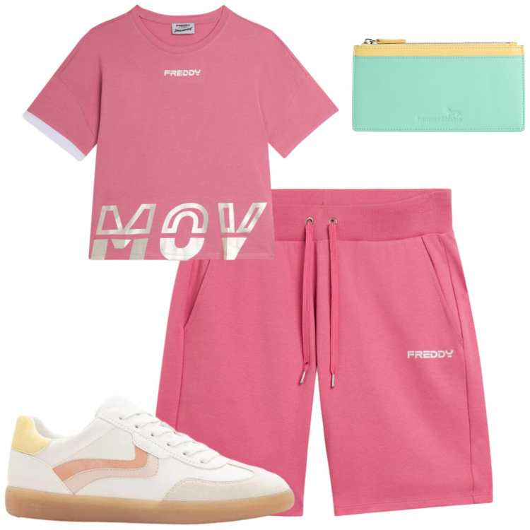 Outfit donna - Sporty. Stile Casual per Tutti i giorni. Abbinamento con sneakers, portafogli, shorts, t-shirt.