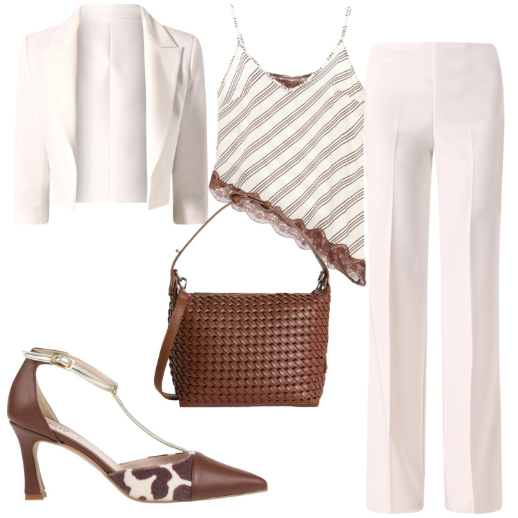 Outfit donna - Eleganza a cena fuori. Stile Chic per Serata fuori. Abbinamento con décolleté, borse a spalla, top, pantaloni a palazzo, blazer.