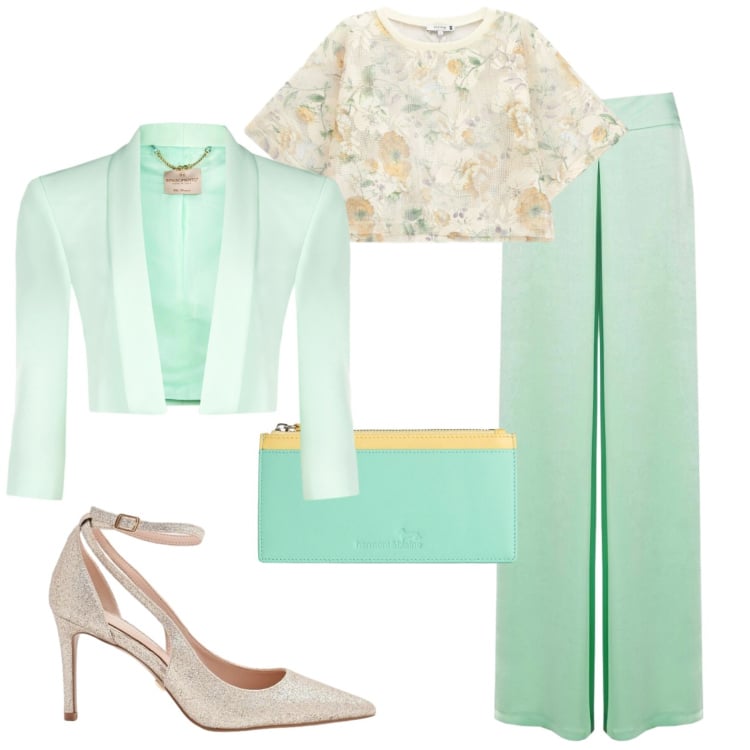 Outfit donna - Elegante. Stile Chic per Serata fuori. Abbinamento con portafogli, décolleté, bolero, pantaloni a palazzo, top.