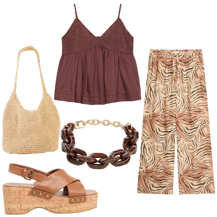 Outfit donna - Total look #2427013. Stile Etnico per Mare. Abbinamento con pantaloni, shopping bag, zeppe, braccialetti, canottiere.