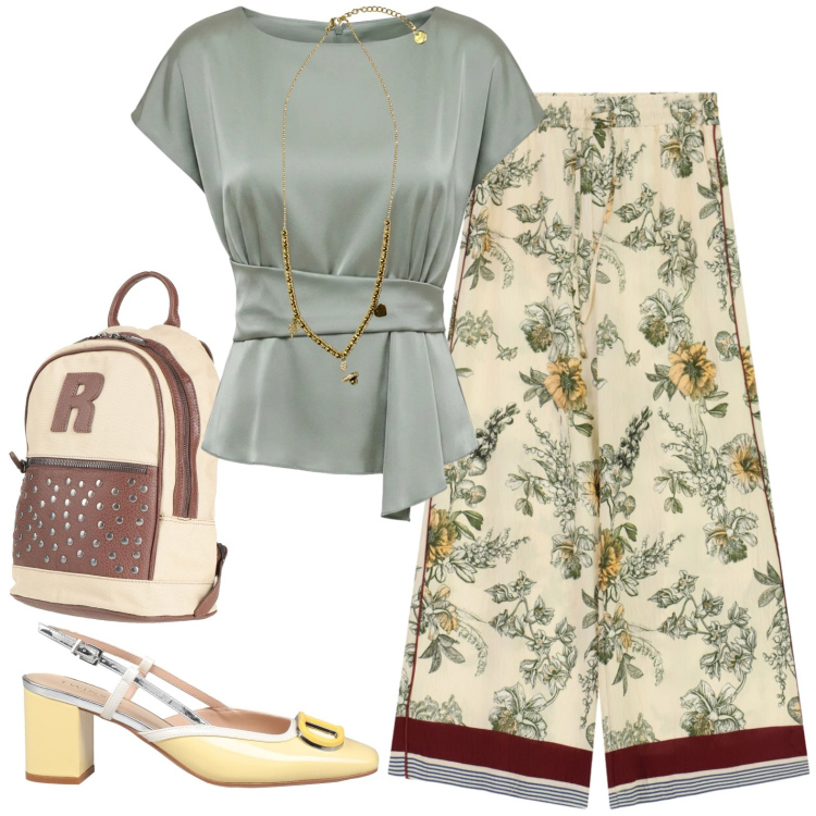 Outfit donna - Total look #2427017. Stile Casual chic per Tutti i giorni. Abbinamento con zaini, décolleté, bluse, pantaloni a palazzo, ciondoli.