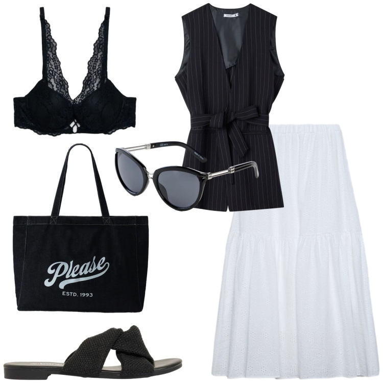 Outfit donna - La gonna bianca. Stile Casual per Tutti i giorni. Abbinamento con occhiali da sole, sandali, gilet, gonne lunghe, reggiseni, shopping bag.