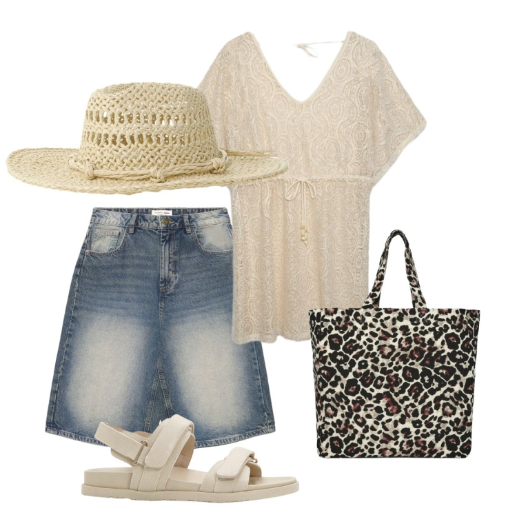 Outfit donna - June. Stile Casual chic per Tutti i giorni. Abbinamento con sandali, caftani, pantaloni corti, shopping bag, cappelli.