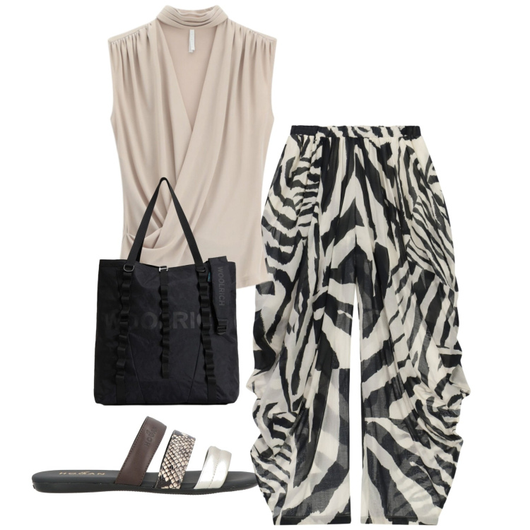 Outfit donna - Zebra. Stile Chic per Serata fuori. Abbinamento con sandali in pelle, top, pantaloni, borse tote.