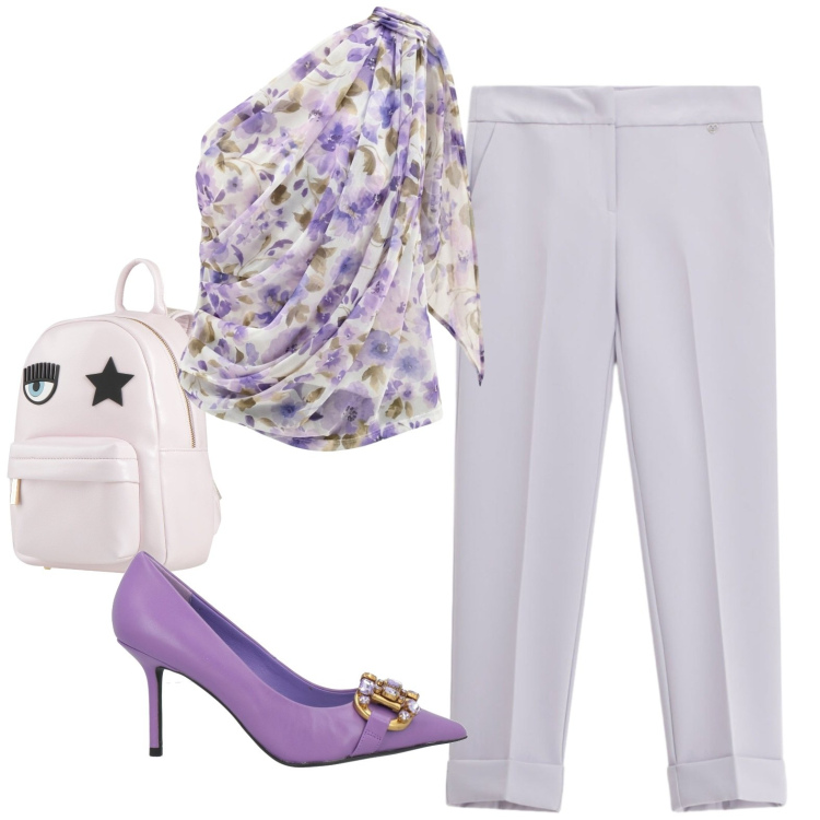 Outfit donna - Lilla. Stile Casual chic per Serata fuori. Abbinamento con zaini, décolleté, pantaloni, top.