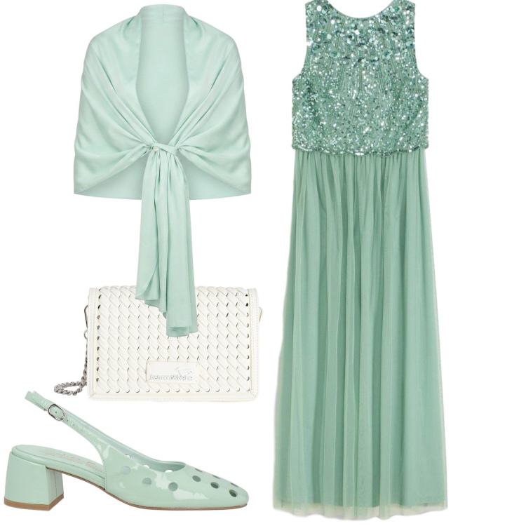 Outfit donna - Monocolore. Stile Chic per Cerimonia. Abbinamento con décolleté, vestiti lunghi, borse a tracolla, stole.