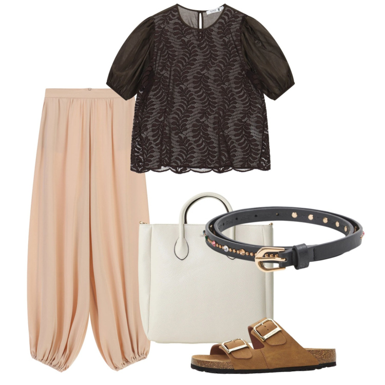 Outfit donna - Giugno. Stile Bon Ton per Tutti i giorni. Abbinamento con ciabatte, cinture, pantaloni a palazzo, borse a tracolla, bluse.