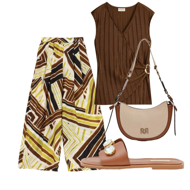 Outfit donna - Ethno mood. Stile Etnico per Tutti i giorni. Abbinamento con canottiere, pantaloni a palazzo, borse a tracolla, sandali gioiello.