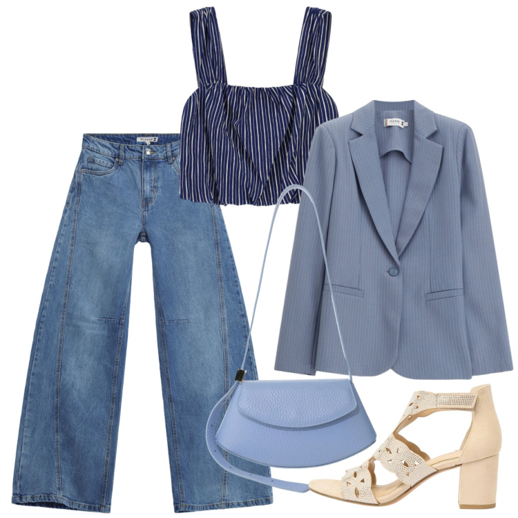 Outfit donna - Avion june. Stile Bon Ton per Ufficio. Abbinamento con sandali col tacco, borse a spalla, blazer, jeans, top.