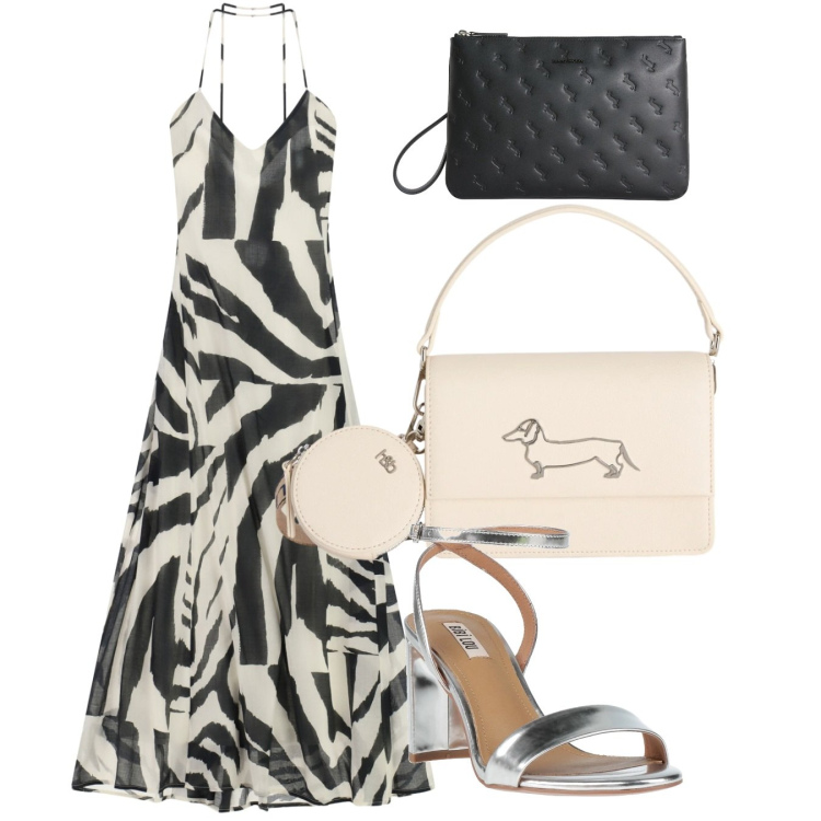 Outfit donna - Serata. Stile Chic per Serata fuori. Abbinamento con sandali in pelle, anelli, borse a tracolla, vestiti lunghi.