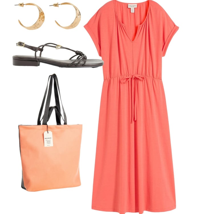 Outfit donna - Total look. Stile Bon Ton per Ufficio. Abbinamento con vestiti, sandali, orecchini, borse tote.