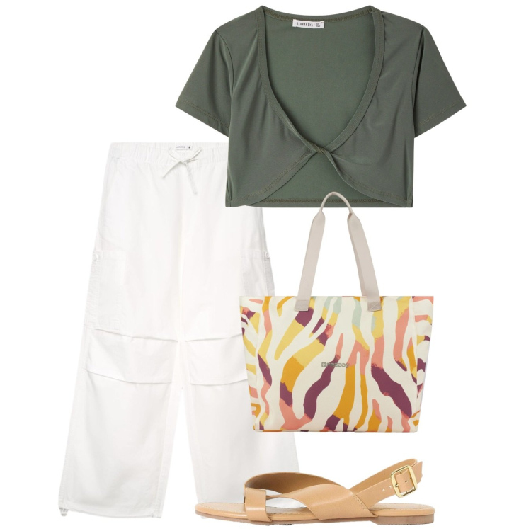 Outfit donna - Giugno. Stile Bon Ton per Tutti i giorni. Abbinamento con sandali, top, pantaloni cargo, shopping bag.