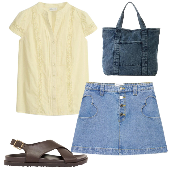 Outfit donna - Total look. Stile Bon Ton per Tutti i giorni. Abbinamento con camicie a manica corta, shopping bag, sandali in pelle, minigonne.
