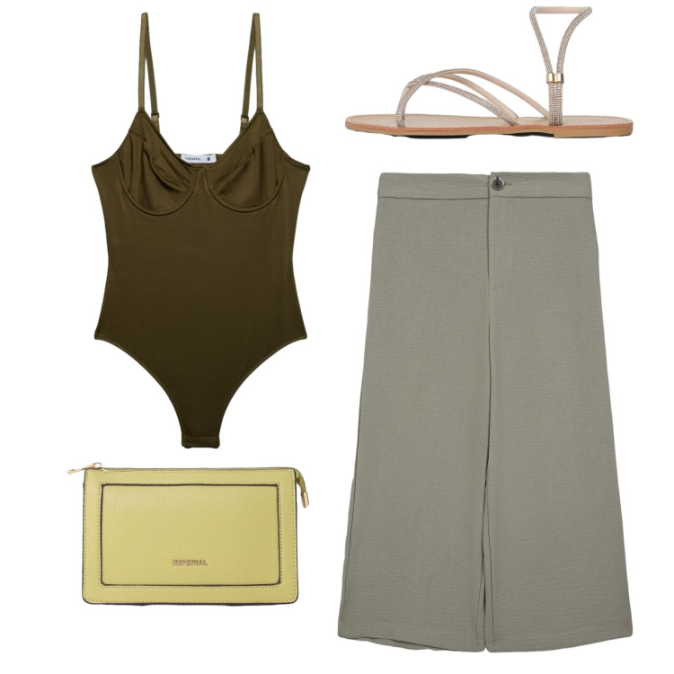 Outfit donna - Total look. Stile Chic per Tutti i giorni. Abbinamento con sandali, top, pantaloni a palazzo, borse a tracolla.
