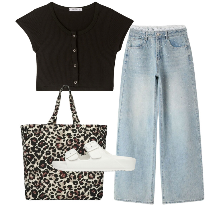 Outfit donna - Total look. Stile Casual chic per Tutti i giorni. Abbinamento con jeans, top, shopping bag, ciabatte.