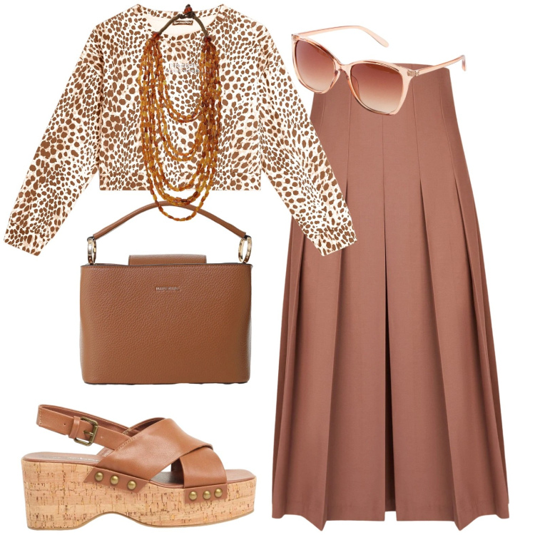 Outfit donna - Città. Stile Casual per Tutti i giorni. Abbinamento con zeppe, occhiali da sole, felpe, gonne longuette, collane, borse a secchiello.