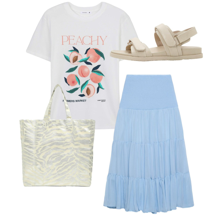Outfit donna - Total look. Stile Bon Ton per Tutti i giorni. Abbinamento con sandali, t-shirt, shopping bag, gonne lunghe.