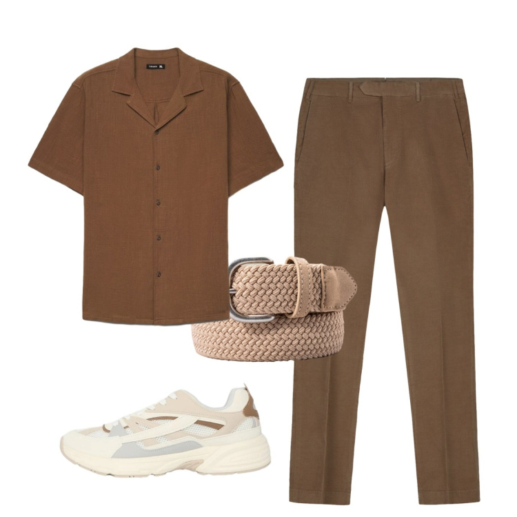 Outfit uomo - Brown. Stile Casual per Tutti i giorni. Abbinamento con sneakers, camicie a manica corta, pantaloni, cinture.