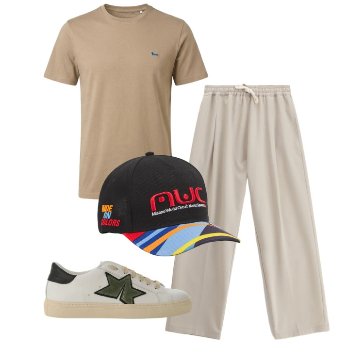 Outfit uomo - Sporty. Stile Casual per Sport. Abbinamento con t-shirt, cappelli con visiera, pantaloni, sneakers.