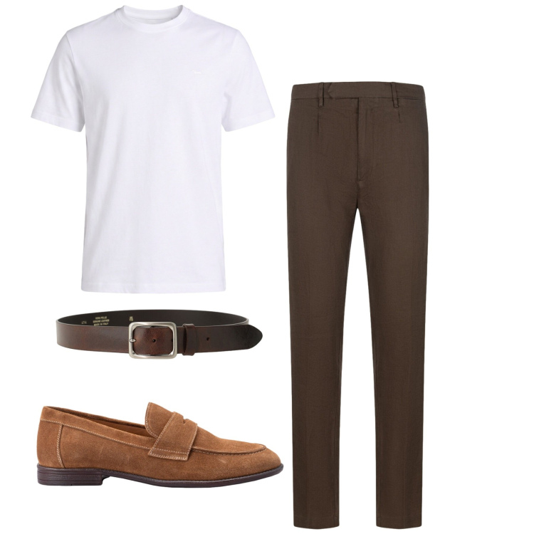 Outfit uomo - Minimal. Stile Casual per Tutti i giorni. Abbinamento con t-shirt, scarpe stringate, pantaloni, cinture.