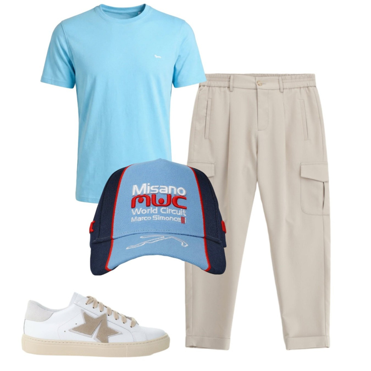 Outfit uomo - Partita. Stile Casual per Tutti i giorni. Abbinamento con t-shirt, cappelli, pantaloni cargo, sneakers.