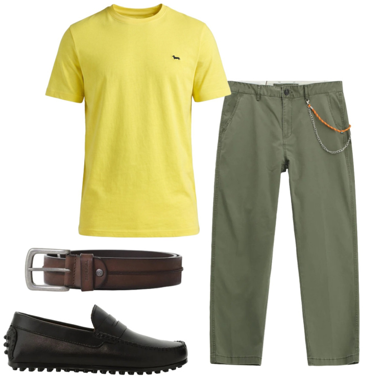 Outfit uomo - Sgargiante. Stile Casual per Tutti i giorni. Abbinamento con t-shirt, pantaloni, scarpe stringate, cinture.