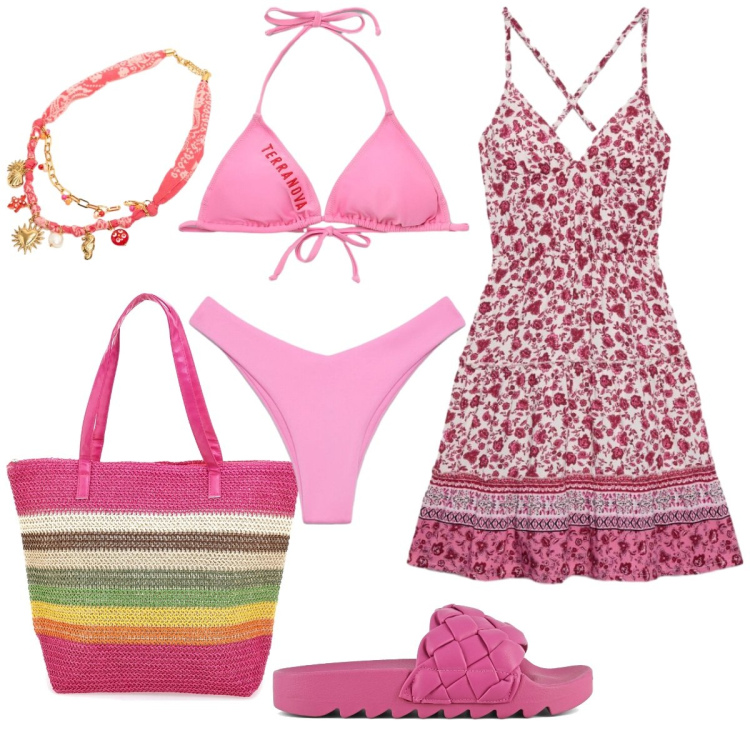 Outfit donna - Mare. Stile Casual per Mare. Abbinamento con vestiti corti, bikini, bikini, collane, shopping bag, ciabatte.