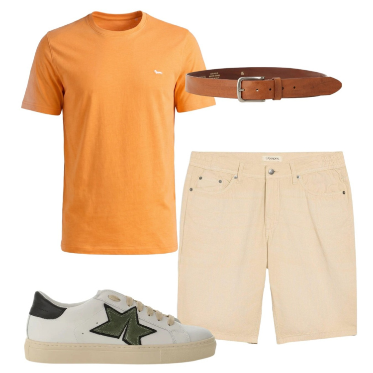 Outfit uomo - Weekend. Stile Casual per Tutti i giorni. Abbinamento con bermuda, t-shirt, sneakers, cinture.