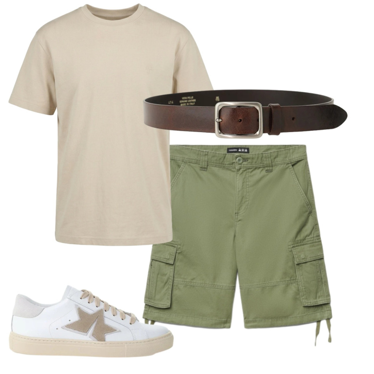 Outfit uomo - Weekend. Stile Casual per Tutti i giorni. Abbinamento con t-shirt, shorts, sneakers, cinture.