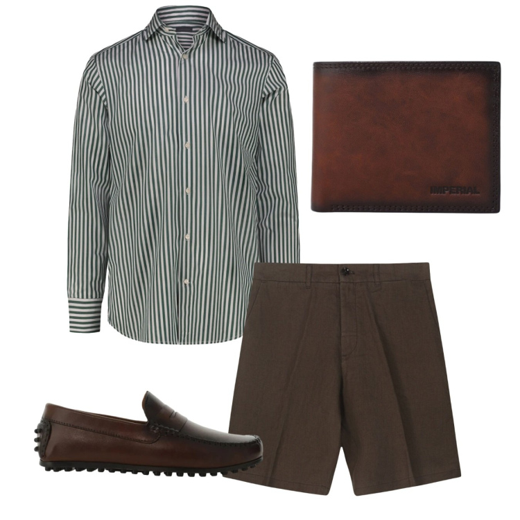 Outfit uomo - Pomeriggio libero. Stile Casual per Tutti i giorni. Abbinamento con camicie, bermuda, scarpe stringate, portafogli.